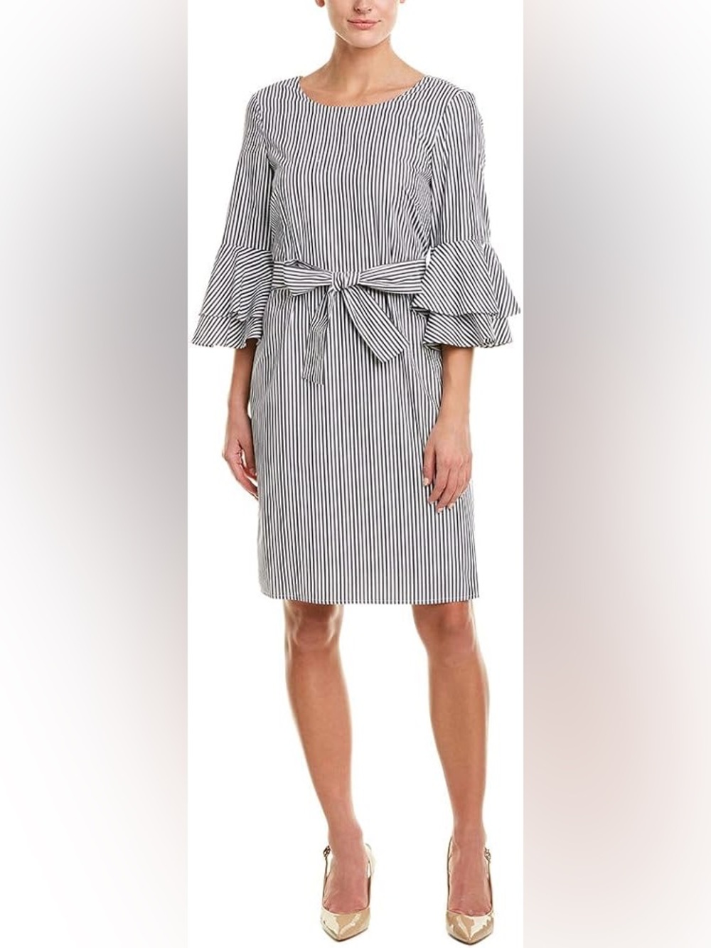 Pappagallo Black and White Striped Tie-Waist Bell Sleeve Dress